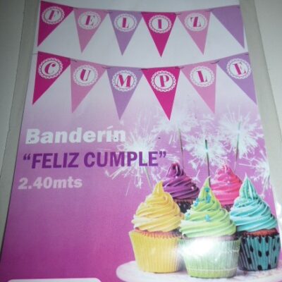 BANDERIN TRIANGULAR GDE FELIZ CUMPLE GRANDE ROSA