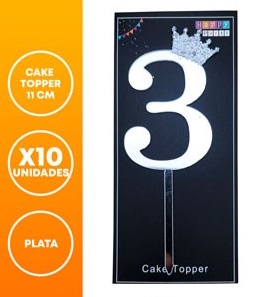 CAKE TOPPER NUMERO 3 CORONITA PLATA