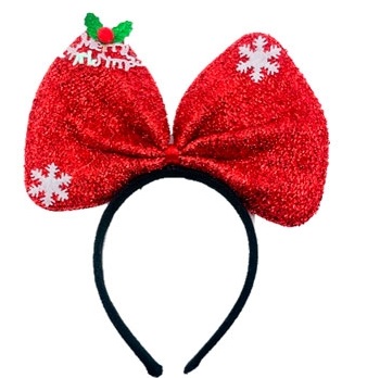 VINCHA NAVIDEÑA MOÑO ROJO CON MUERDAGO Y COPOS