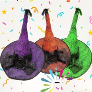 GORRO BRUJA GRANDE COLOR CON TUL ROSA Y PLUMAS