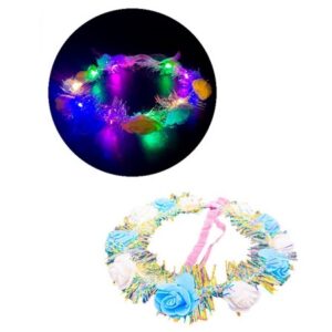 CORONA CON LUZ CON FLORES CELESTE Y BLANCA