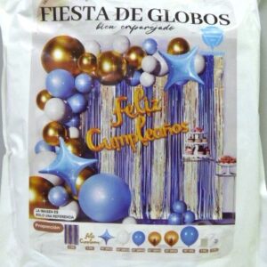 SET FELIZ CUMPLE CORTINA Y GLOBOS CELESTE DORADO