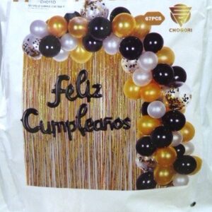 SET FELIZ CUMPLE CORTINA Y GLOBOS DORADO