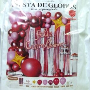 SET FELIZ CUMPLE CORTINA Y GLOBOS ROJO ROSA PLATA