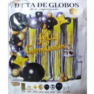 SET FELIZ CUMPLE CORTINA Y GLOBOS DORADO NEGRO