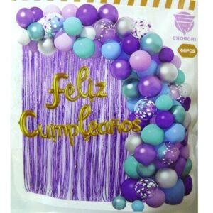SET FELIZ CUMPLE CORTINA Y GLOBOS VIOLETA