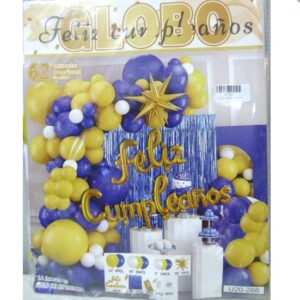 SET FELIZ CUMPLE CORTINA Y GLOBOS AZUL DORADO