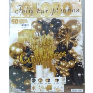 SET FELIZ CUMPLE CORTINA Y GLOBOS DORADO NEGRO