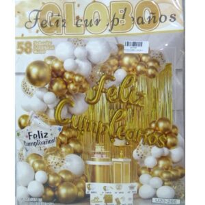 SET FELIZ CUMPLE CORTINA Y GLOBOS DORADO BLANCO