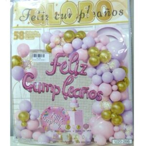 SET FELIZ CUMPLE CORTINA Y GLOBOS ROSA LILA DORADO