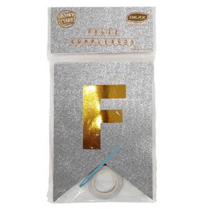 BANDERIN FELIZ CUMPLE GLITTER PLATA