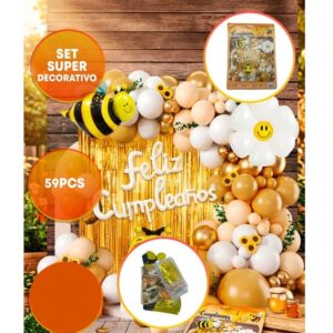 SET FELIZ CUMPLE CORTINA Y GLOBOS ABEJITA