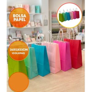 BOLSA PAPEL CON MANIJA 26X32 CM COLORES VARIOS