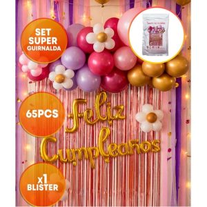 SET FELIZ CUMPLE CORTINA Y GLOBOS ROSA GOLD
