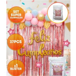 SET FELIZ CUMPLE CORTINA GLOBO HOJAS ROSA GOLD