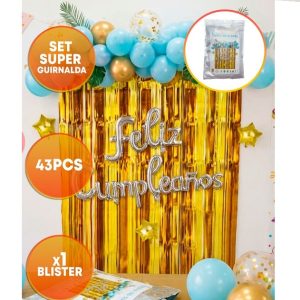 SET FELIZ CUMPLE CORTINA GLOBO HOJAS DORADO