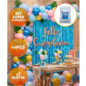 SET FELIZ CUMPLE CORTINA GLOBO HOJAS AZUL