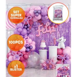 SET FELIZ CUMPLE CORTINA Y GLOBOS VIOLETA ROSA