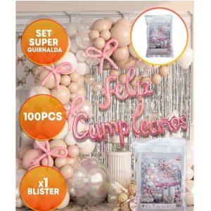SET FELIZ CUMPLE CORTINA Y GLOBOS PLATA BLANCO ROS