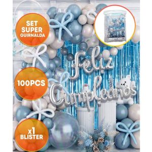 SET FELIZ CUMPLE CORTINA Y GLOBOS CELESTE BLANCO