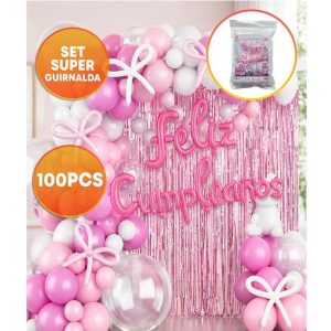 SET FELIZ CUMPLE CORTINA Y GLOBOS ROSA BLANCO