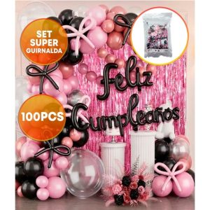 SET FELIZ CUMPLE CORTINA Y GLOBOS ROSA NEGRO