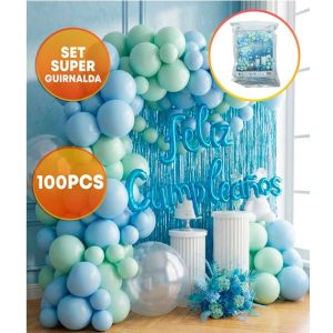 SET FELIZ CUMPLE CORTINA Y GLOBOS CELESTE VERDE