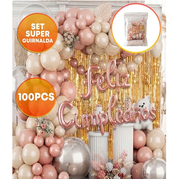 SET FELIZ CUMPLE CORTINA Y GLOBOS ROSA BLANCO ORO