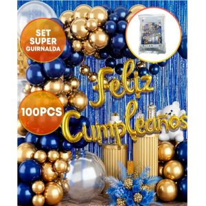 SET FELIZ CUMPLE CORTINA Y GLOBOS AZUL DORADO