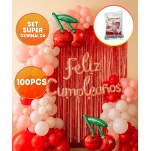 SET FELIZ CUMPLE CORTINA Y GLOBOS CEREZA