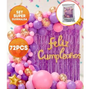 SET FELIZ CUMPLE CORTINA Y GLOBOS VIOLETA ROSA