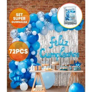 SET FELIZ CUMPLE CORTINA Y GLOBOS PLATA CELESTE