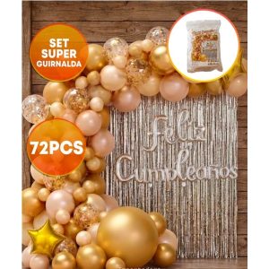 SET FELIZ CUMPLE CORTINA Y GLOBOS PLATA DORADO