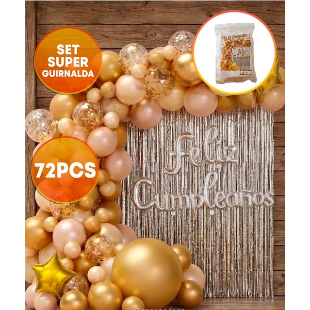 SET FELIZ CUMPLE CORTINA Y GLOBOS PLATA DORADO