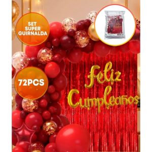 SET FELIZ CUMPLE CORTINA Y GLOBOS ROJO DORADO
