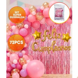 SET FELIZ CUMPLE CORTINA Y GLOBOS ROSA DORADO