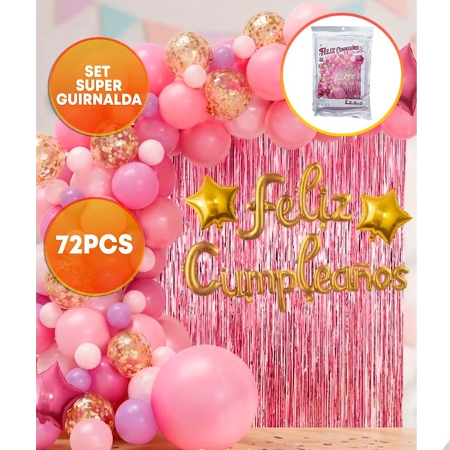 SET FELIZ CUMPLE CORTINA Y GLOBOS ROSA DORADO