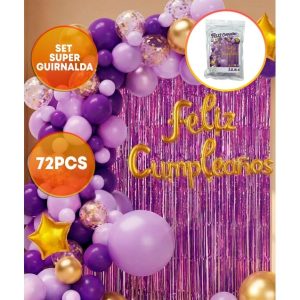 SET FELIZ CUMPLE CORTINA Y GLOBOS VIOLETA DORADO