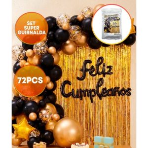 SET FELIZ CUMPLE CORTINA Y GLOBOS DORADO NEGRO
