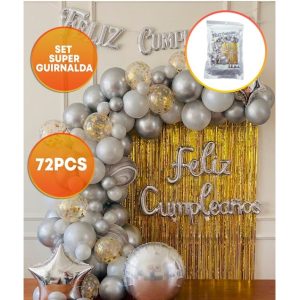 SET FELIZ CUMPLE CORTINA Y GLOBOS DORADO PLATA