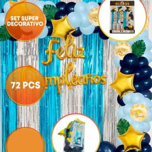 SET FELIZ CUMPLE CORTINA GLOBO HOJAS CELESTE PLATA