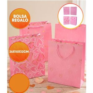 BOLSA DE REGALO 26X32 CM ROSA CON CORAZONES