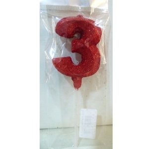 VELA NUMERO GIBRE BISELADA CON PALITO ROJO 3