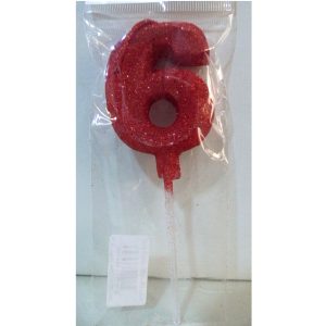 VELA NUMERO GIBRE BISELADA CON PALITO ROJO 6