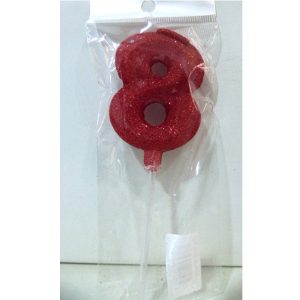 VELA NUMERO GIBRE BISELADA CON PALITO ROJO 8