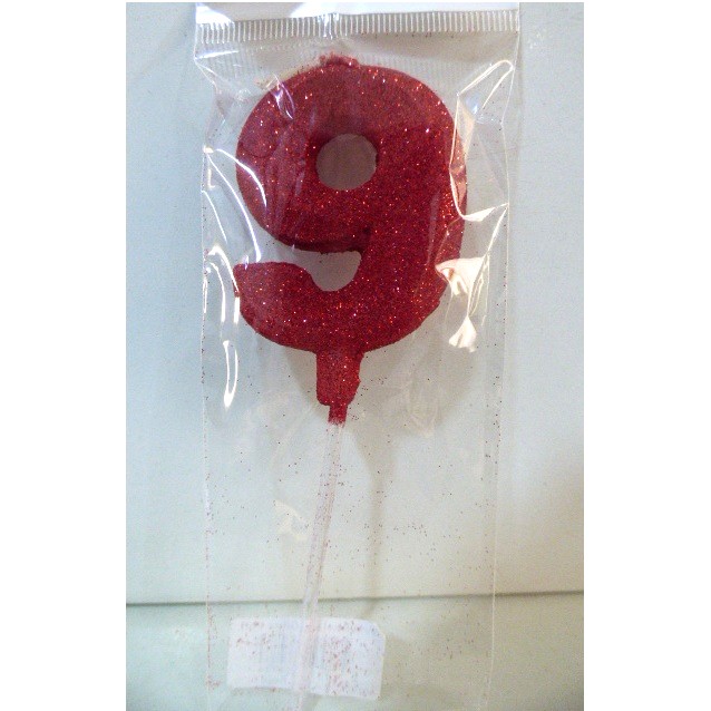 VELA NUMERO GIBRE BISELADA CON PALITO ROJO 9