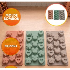 MOLDE SILICONA BOMBONES OSO FLOR CORAZON X14