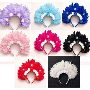 VINCHA CON PLUMAS ROSAS LENTEJUELAS Y PERLAS