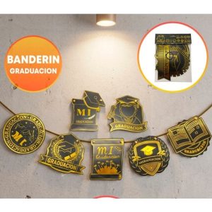 BANDERIN EGRESADO NEGRO DORADO FORMAS