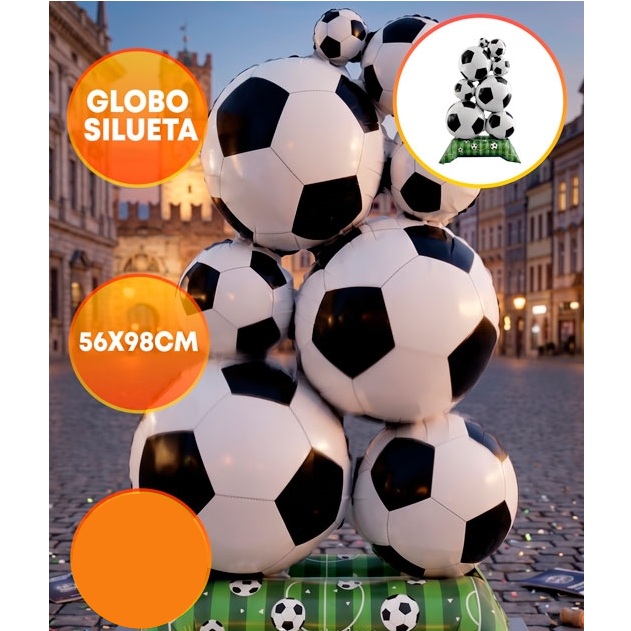 GLOBO FOIL CON BASE FUTBOL PIRAMIDE PELOTAS 98CM